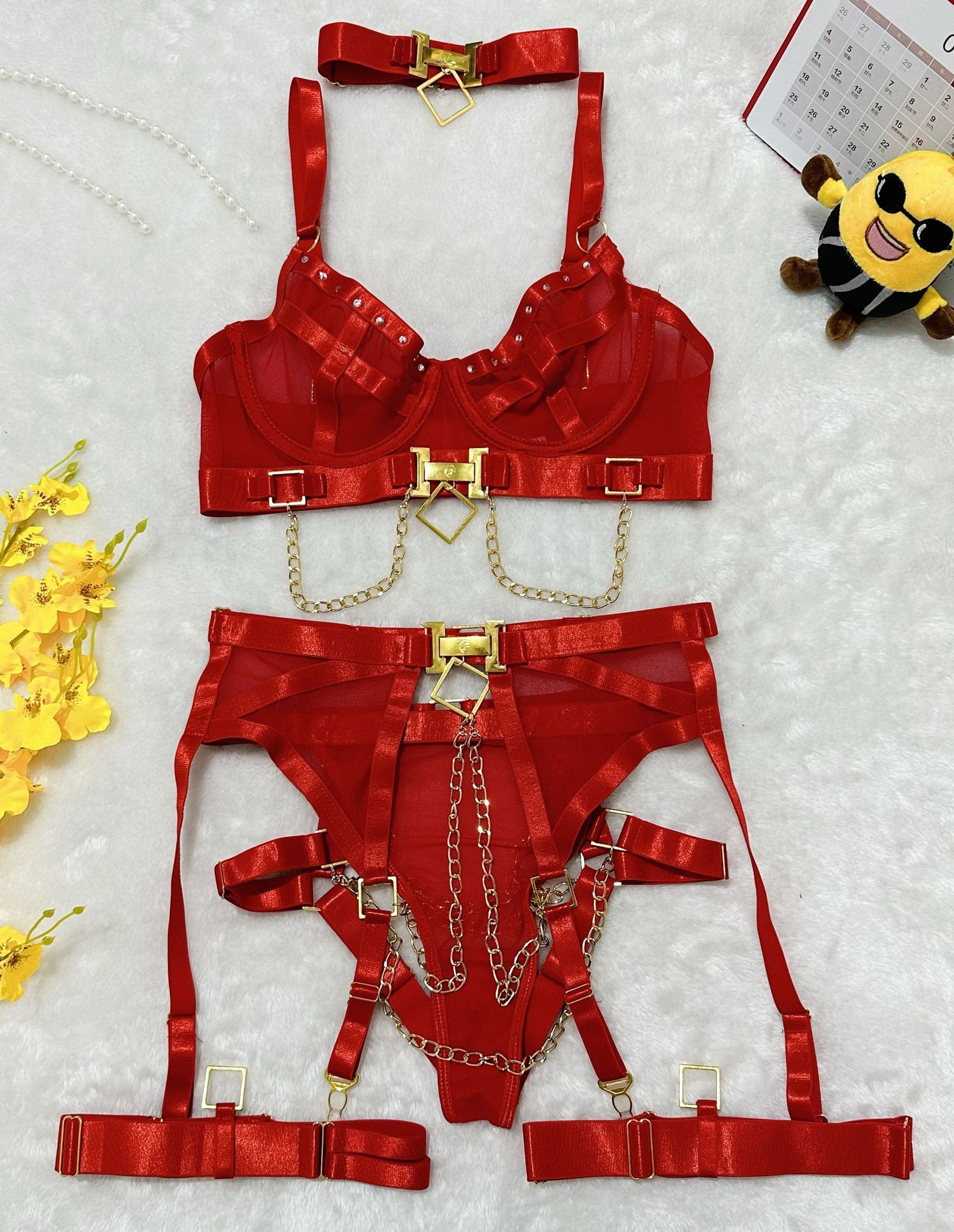 Cross-border Europe and the United States sexy hot girls sexy underwear perspective mesh stitching metal chain nightclub party dance suit
