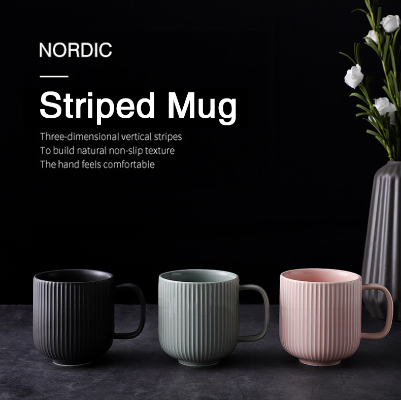 Nordic style simple solid color 350ml embossed matte stripe tea mug coffee milk water office mug quiet and elegant