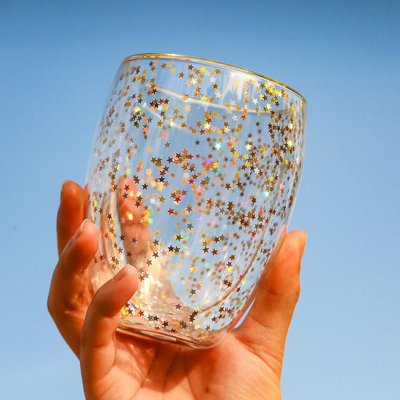 Creative Bright Starry Sky Holiday Decoration Cup Double Glass Drinking Glass Home Kitchen Drinkware Glass Coffee Cup