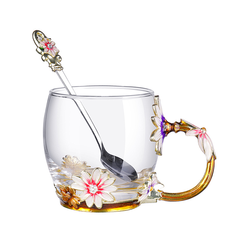 High-end Daisy Enamel Lead-free Glass Transparent Drinking Glass Coffee Cup With Handle Wedding Holiday Gift With Gift Box