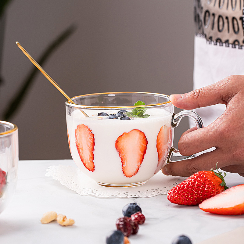 470ML Light Luxury Transparent Glass Cup with Handle Cup Mouth Golden Edge Decoration Breakfast Milk Cup Glass Coffee Cup