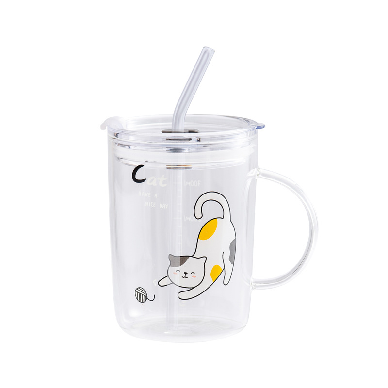 Cute Cat Applique Glass Cup with Scale Glass Straw Milk Cup Glass Carafe with Plastic Lid