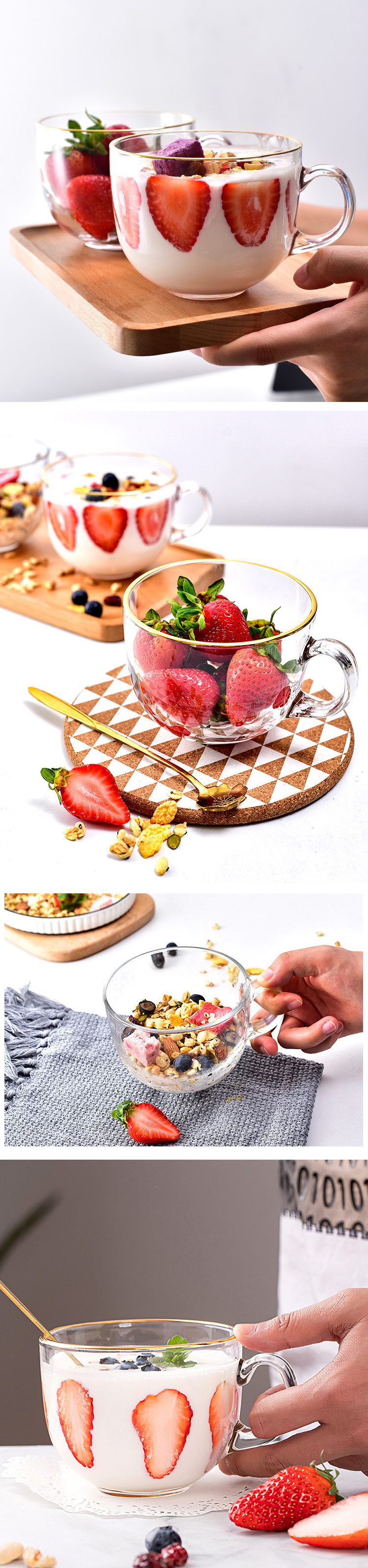 470ML Light Luxury Transparent Glass Cup with Handle Cup Mouth Golden Edge Decoration Breakfast Milk Cup Glass Coffee Cup