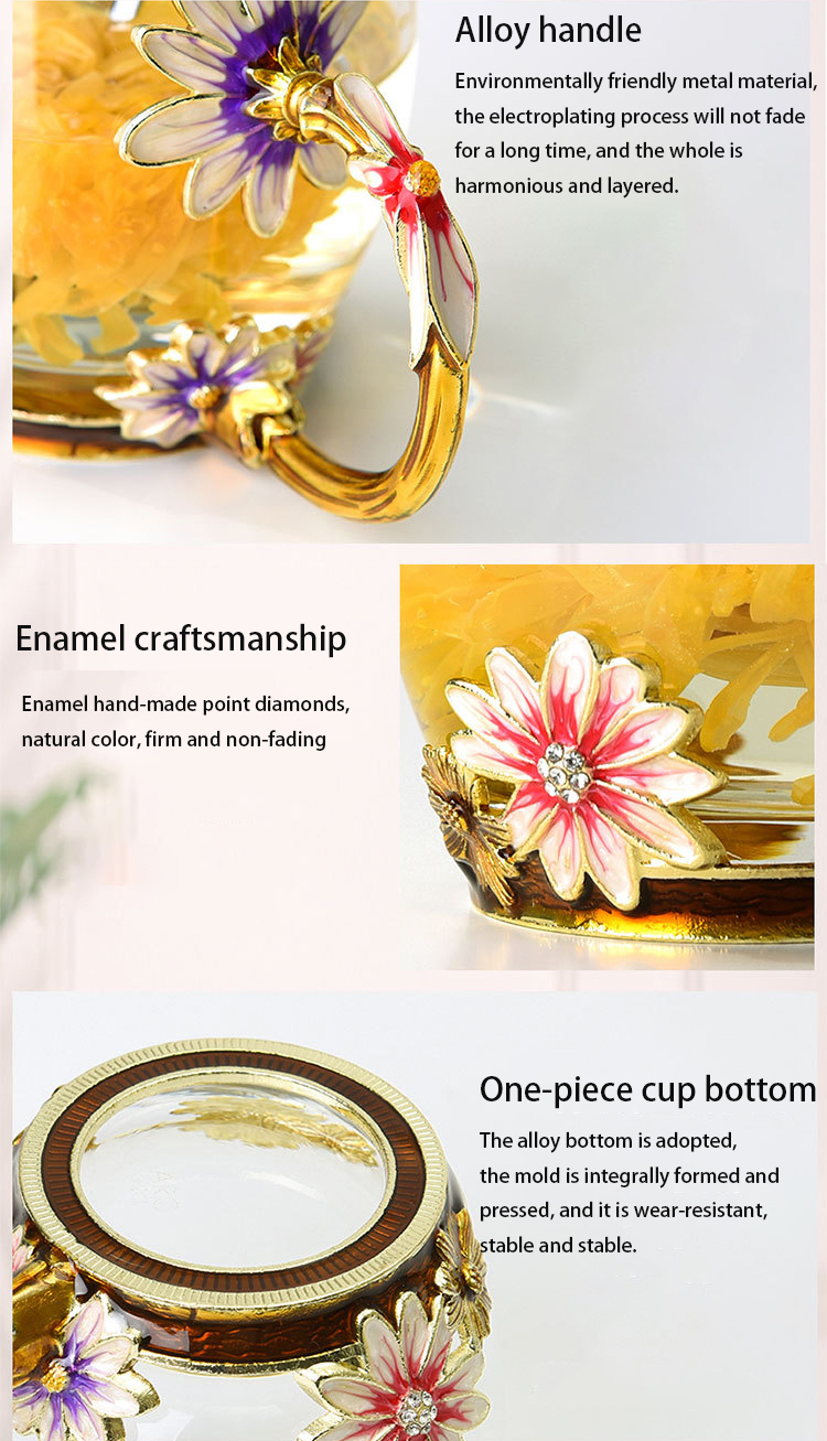 High-end Daisy Enamel Lead-free Glass Transparent Drinking Glass Coffee Cup With Handle Wedding Holiday Gift With Gift Box