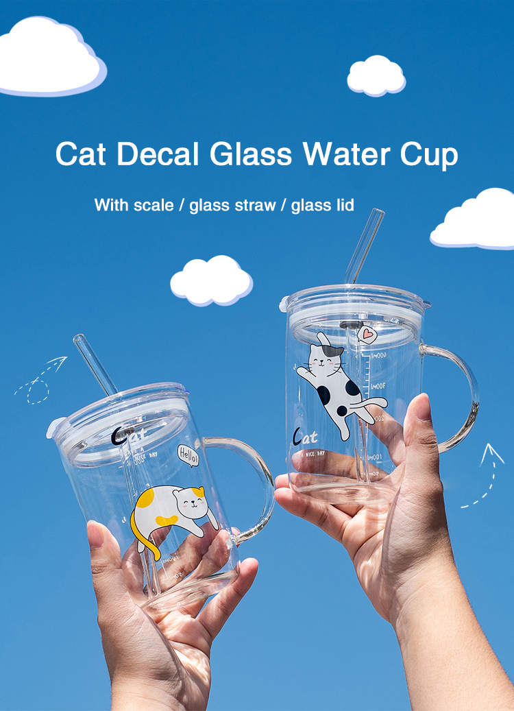 Cute Cat Applique Glass Cup with Scale Glass Straw Milk Cup Glass Carafe with Plastic Lid