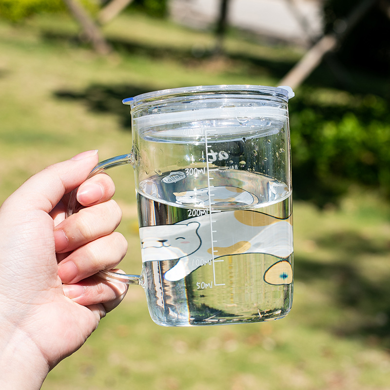 Cute Cat Applique Glass Cup with Scale Glass Straw Milk Cup Glass Carafe with Plastic Lid
