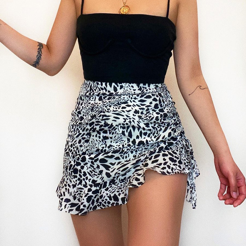 European American Fashion 2021 Korean Fashion Clothing Leopard Print Drawstring Skirt Sexy Short Skirt Leopard Print Mini Skirt