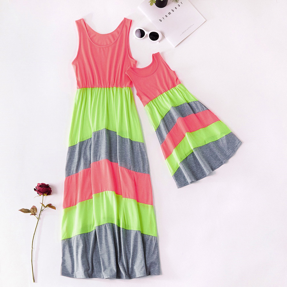 Mommy And Me Clothes Spring Dresses Solid Color Stitching Parent-Child Sleeveless Dress Mother Daughter Matching Clothes