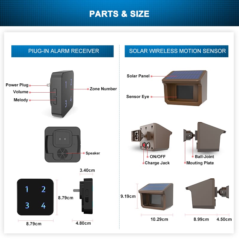 Solar Wireless Long Range Driveway Alarm System-Home/Office DIY Security Alert System-One Receiver and Two Solar Motion Sensors KIT