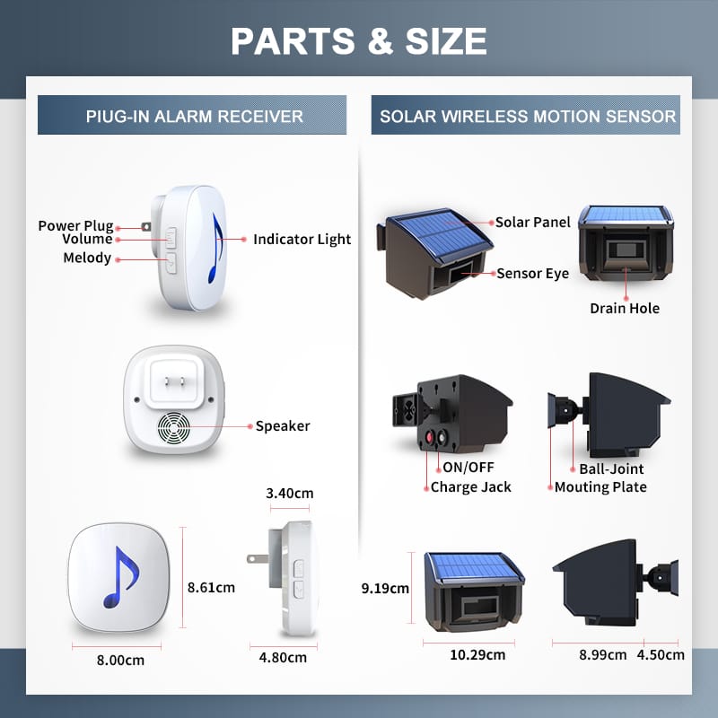 Solar Wireless Driveway Alarm System-Home/Office DIY Security Alert System-One Receiver and Two Solar Motion Sensors KIT