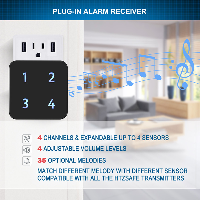 Extra Wireless Plug-in Receiver for HTZSAFE Wireless Alarms- Up to 4 Zones and 35 Optional Melodies- 4 Adjustable Volume Levels