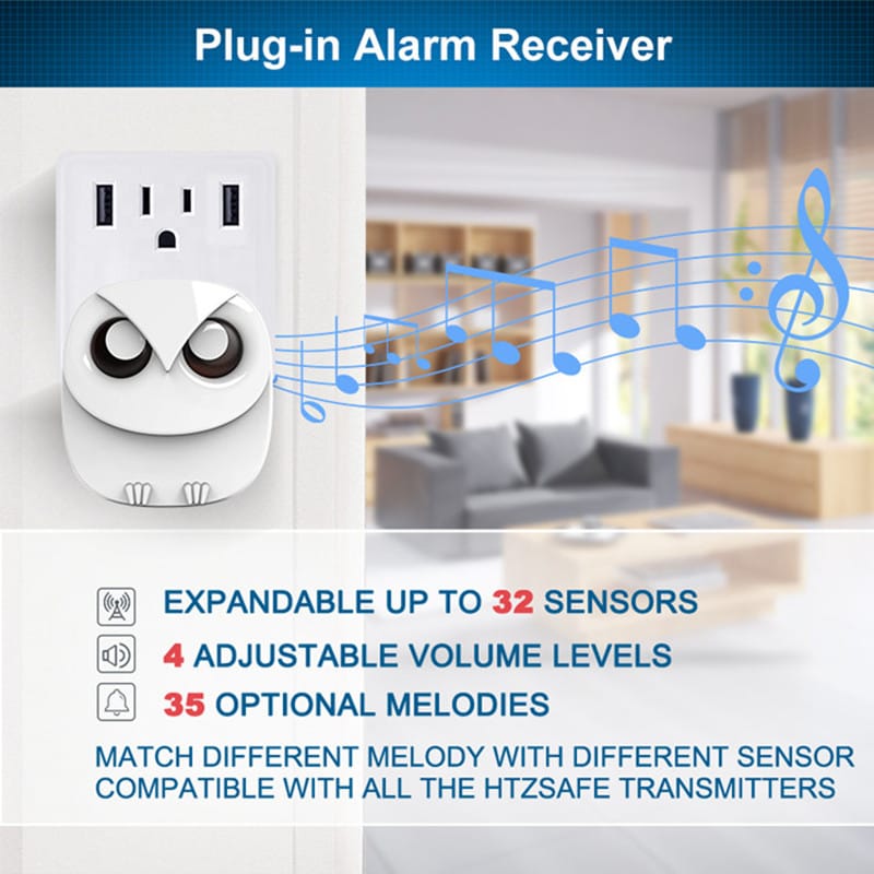 Extra Wireless Plug-in Receiver for HTZSAFE Wireless Alarms- Up to 32 Zones and 35 Optional Melodies- 4 Adjustable Volume Levels