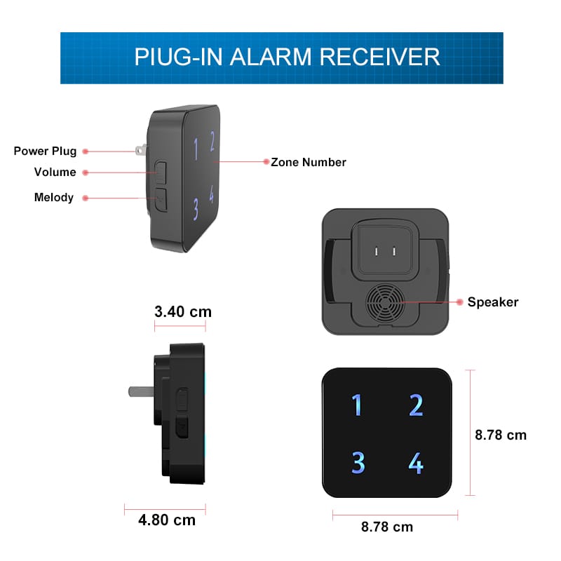 Extra Wireless Plug-in Receiver for HTZSAFE Wireless Alarms- Up to 4 Zones and 35 Optional Melodies- 4 Adjustable Volume Levels