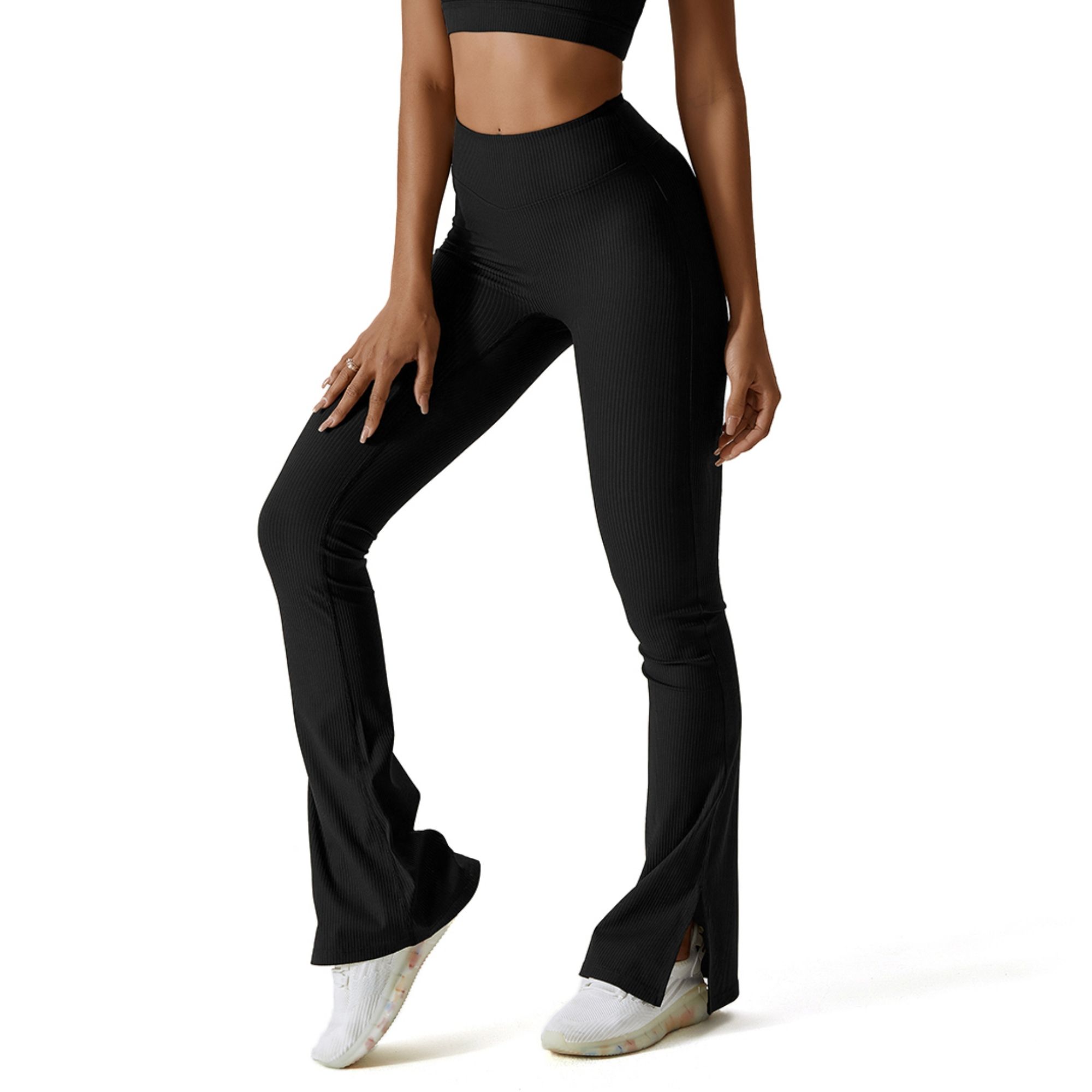 FITOP Womens Ribbed Flared Leggings Slit Hem High Waist Bootcut Yoga Pants Workout Bootleg Pants