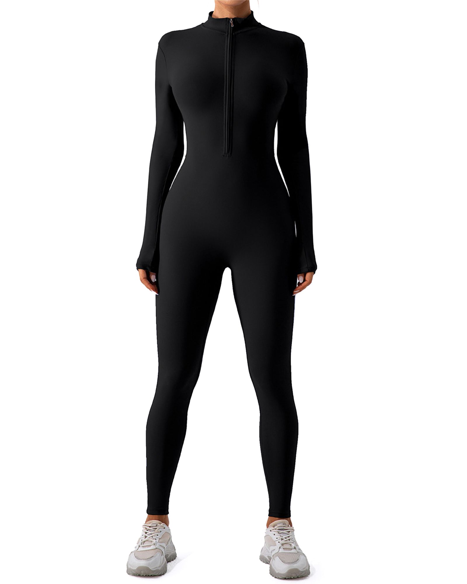 FITOP Women's Long Sleeve Workout Jumpsuit Zip Front Sport Romper Bottom Pants Bodysuit Bodycon Sexy One Piece M