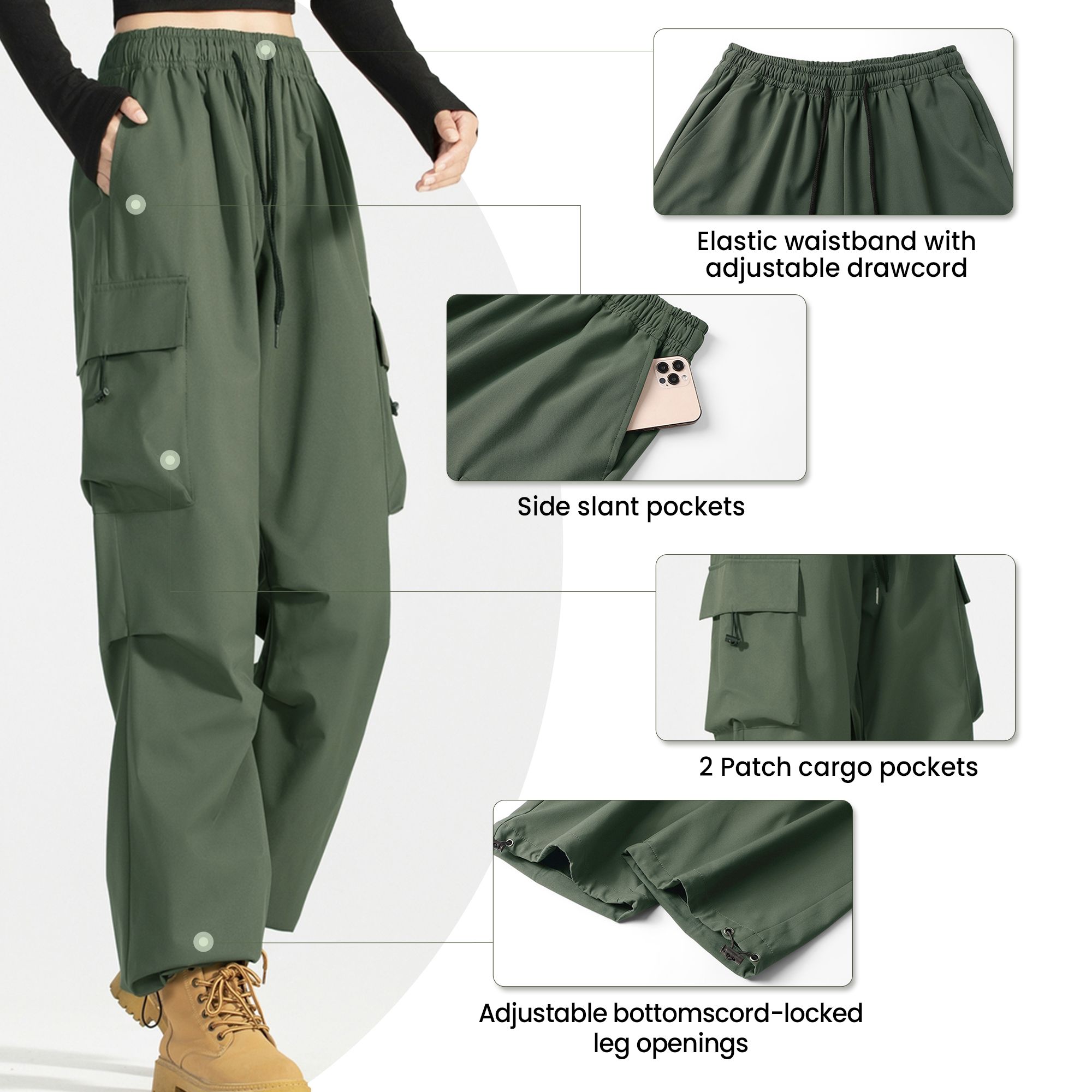 FITOP Women's Parachute Cargo Pants with Pockets Quick Dry Hiking Pants Lightweight Baggy Joggers