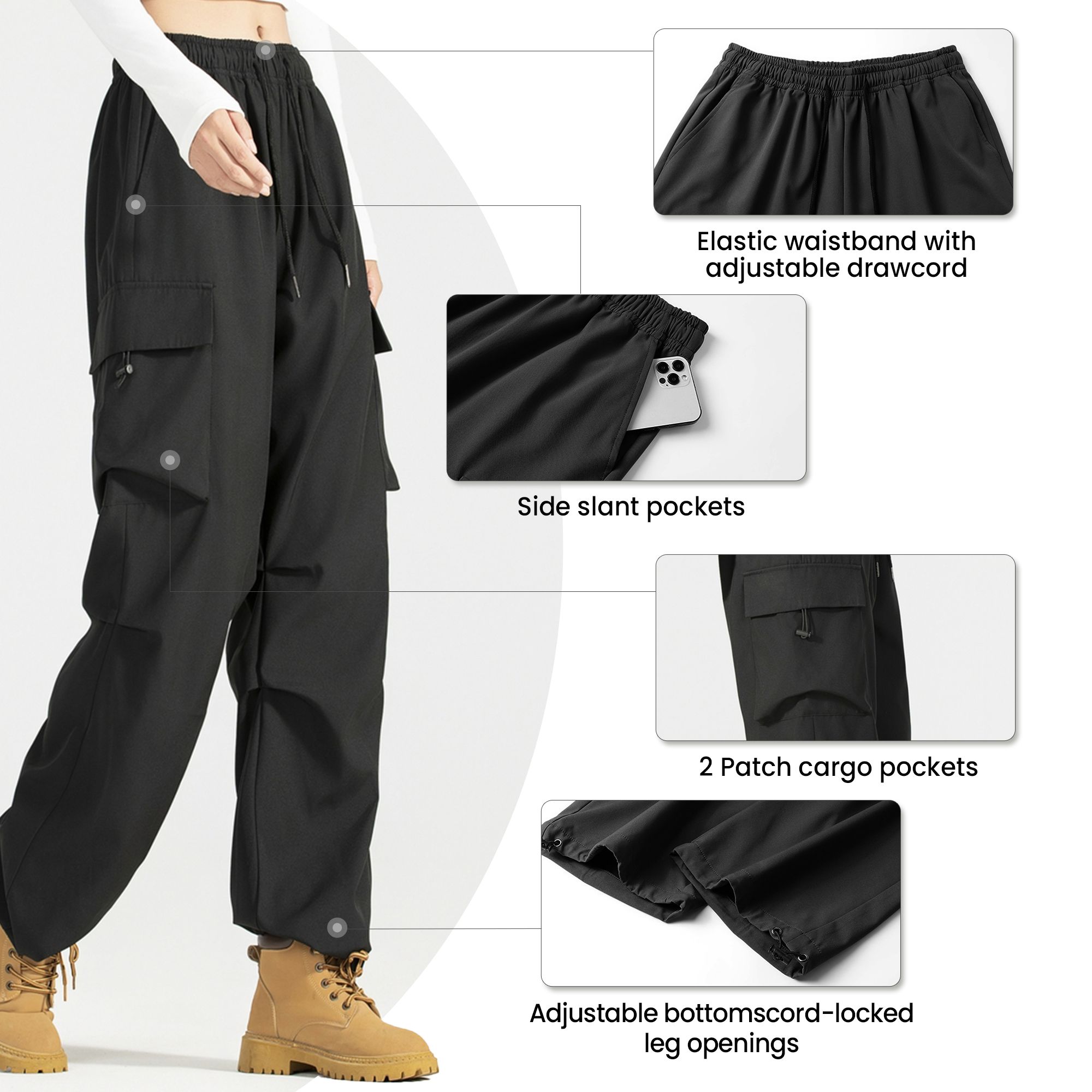 FITOP Women's Parachute Cargo Pants with Pockets Quick Dry Hiking Pants Lightweight Baggy Joggers