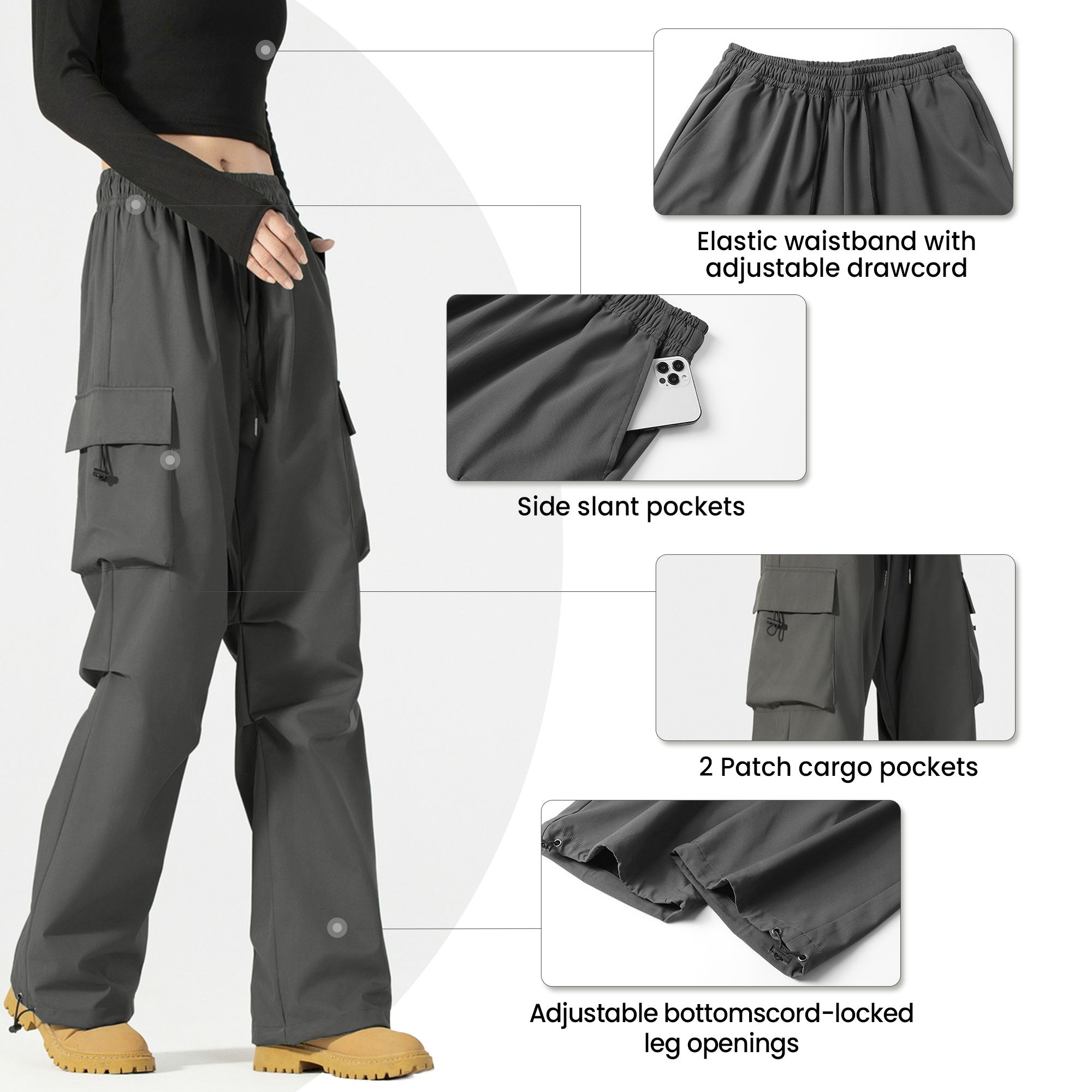 FITOP Women's Parachute Cargo Pants with Pockets Quick Dry Hiking Pants Lightweight Baggy Joggers