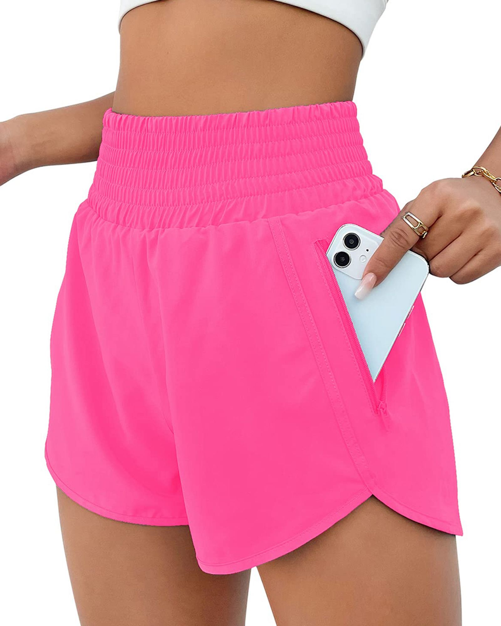 FITOP Women's Athletic Shorts High Waisted Running Shorts Zipper Pocket Gym Elastic Workout Shorts Black+Black, US Size L