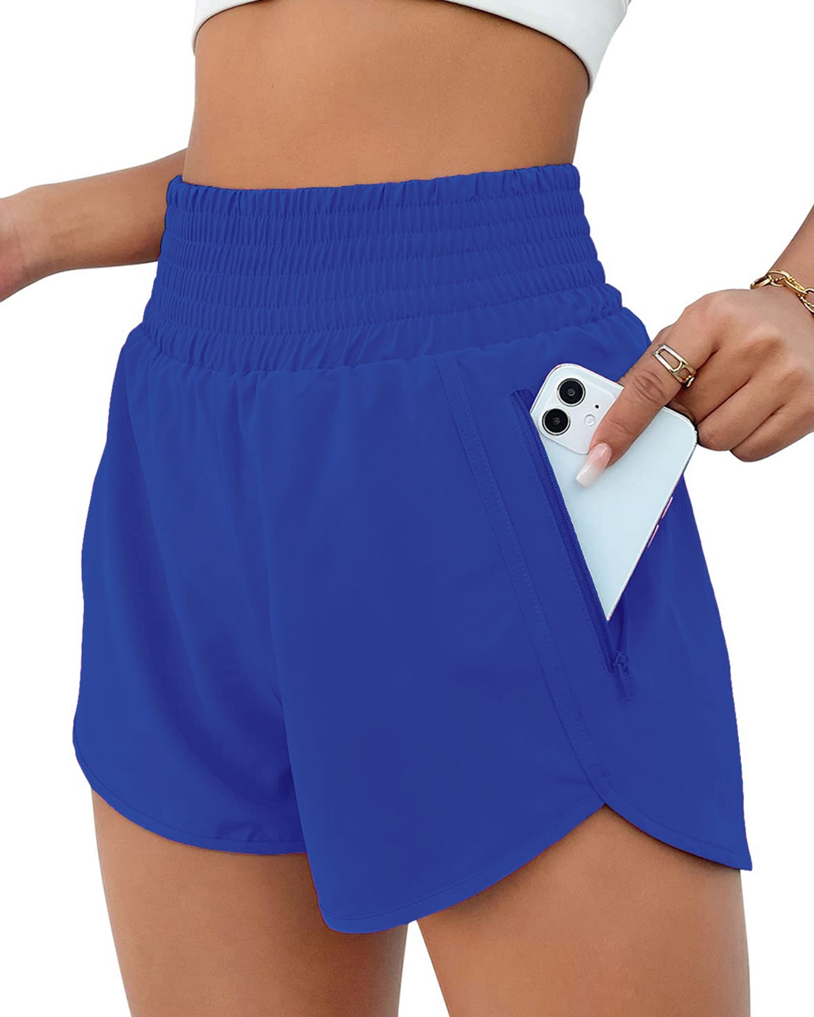 FITOP Women's Athletic Shorts High Waisted Running Shorts Zipper Pocket Gym Elastic Workout Shorts Black+Black, US Size L