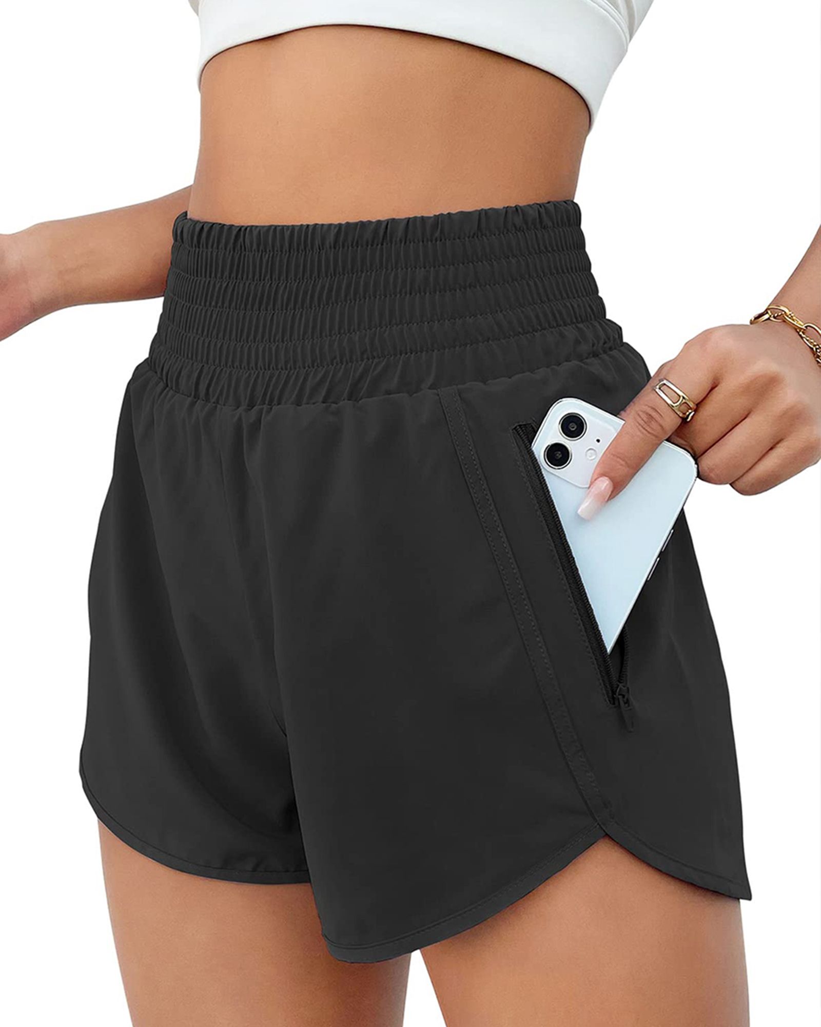 FITOP Women's Athletic Shorts High Waisted Running Shorts Zipper Pocket Gym Elastic Workout Shorts Black+Black, US Size L