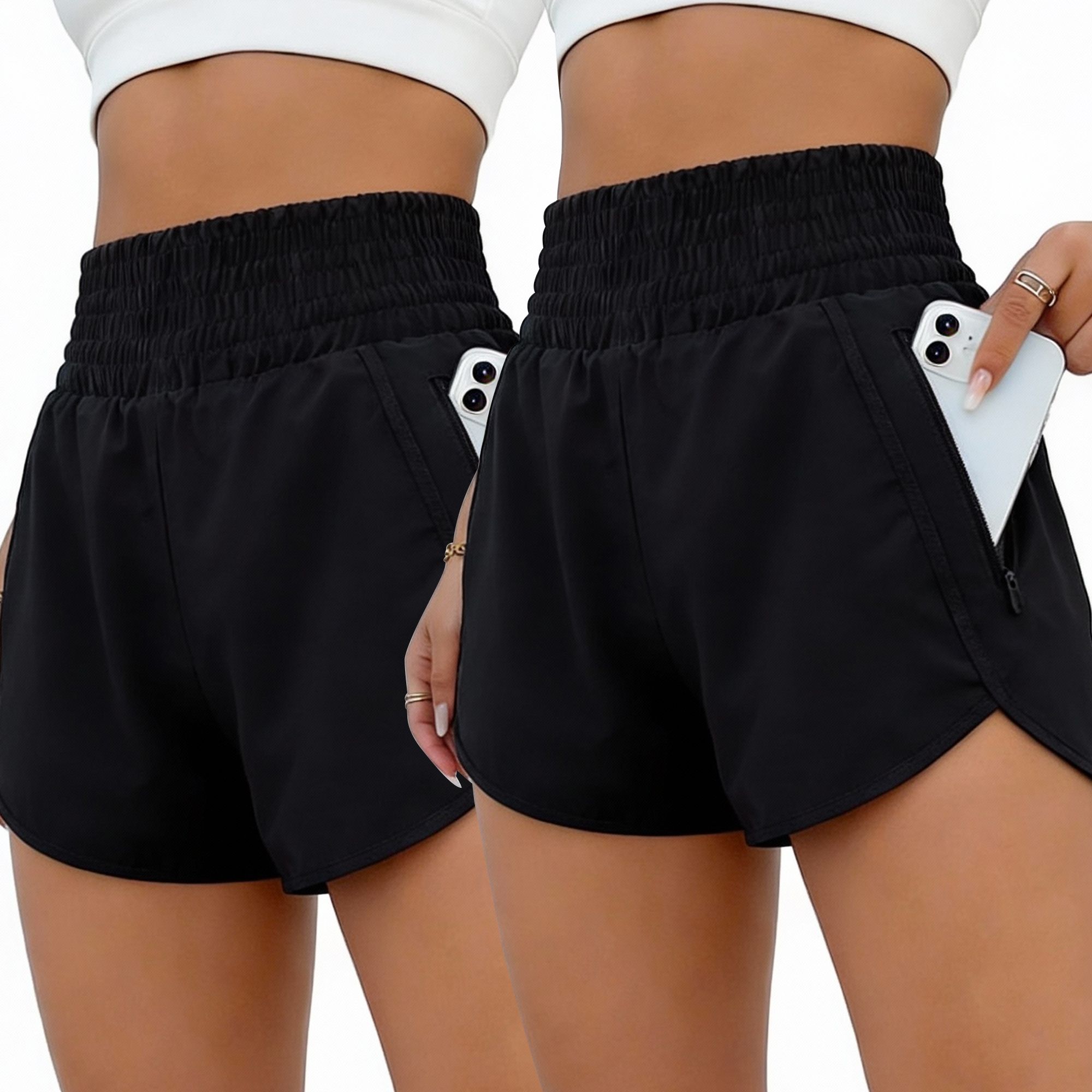 FITOP Women's Athletic Shorts High Waisted Running Shorts Zipper Pocket Gym Elastic Workout Shorts Black+Black, US Size L