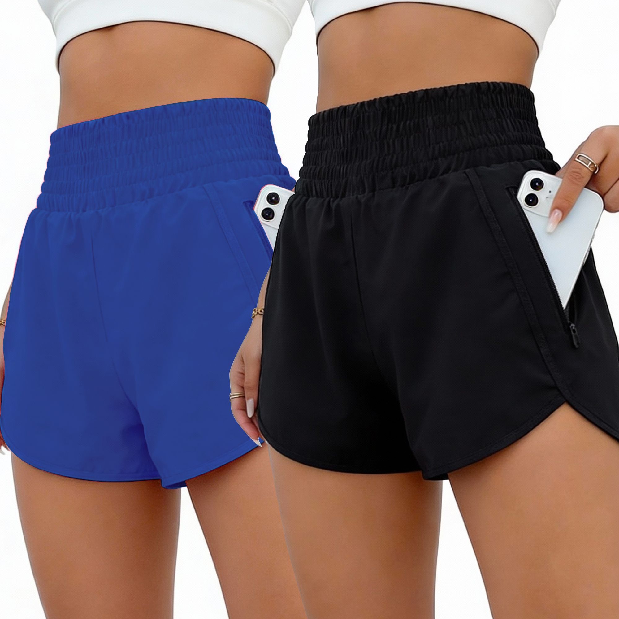 FITOP Women's Athletic Shorts High Waisted Running Shorts Zipper Pocket Gym Elastic Workout Shorts Black+Black, US Size L