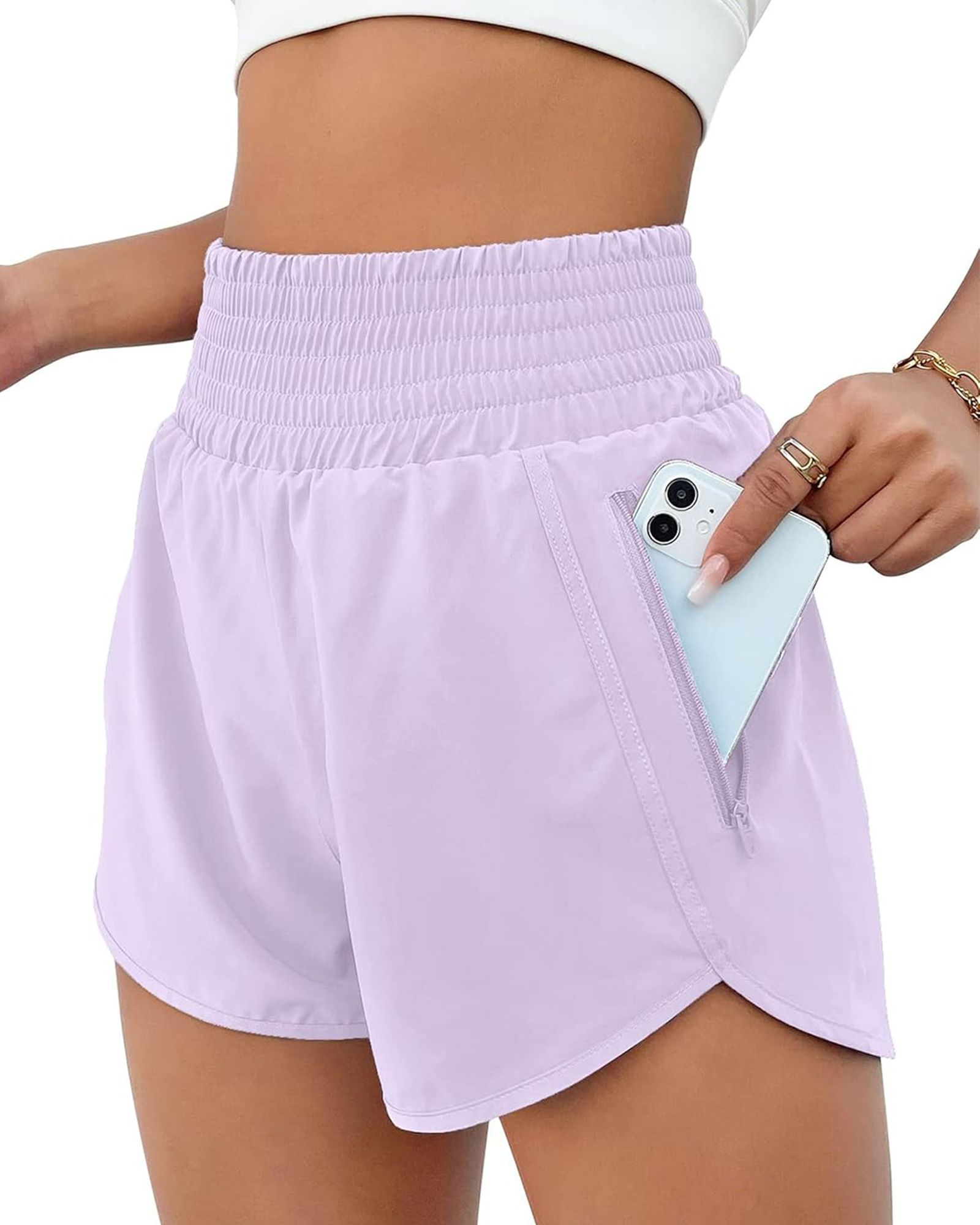 FITOP Women's Athletic Shorts High Waisted Running Shorts Zipper Pocket Gym Elastic Workout Shorts Black+Black, US Size L
