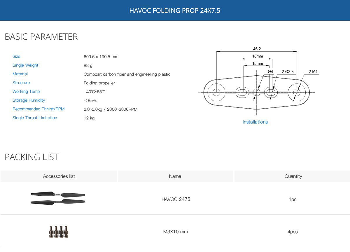 HAVOC 24X7.5IN polymer folding prop CW+CCW 1pair