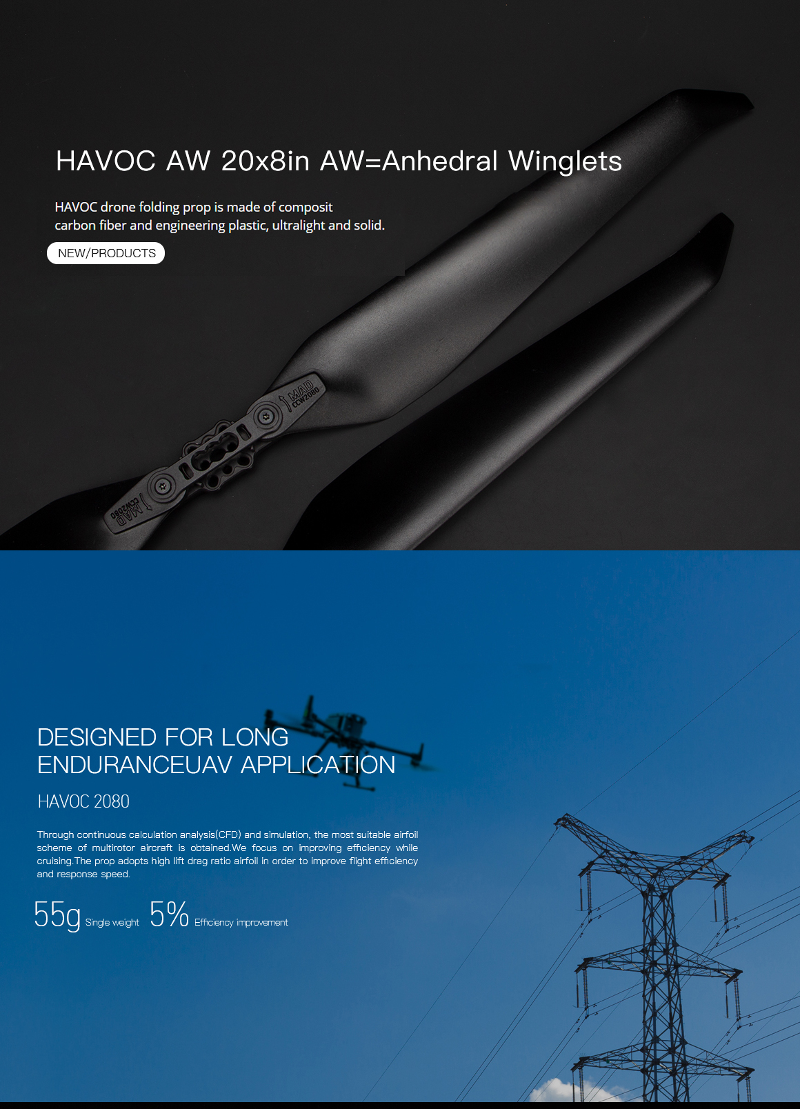 20X8 in HAVOC AW polymer folding propeller for drone multirotor CW+CCW 1 pair