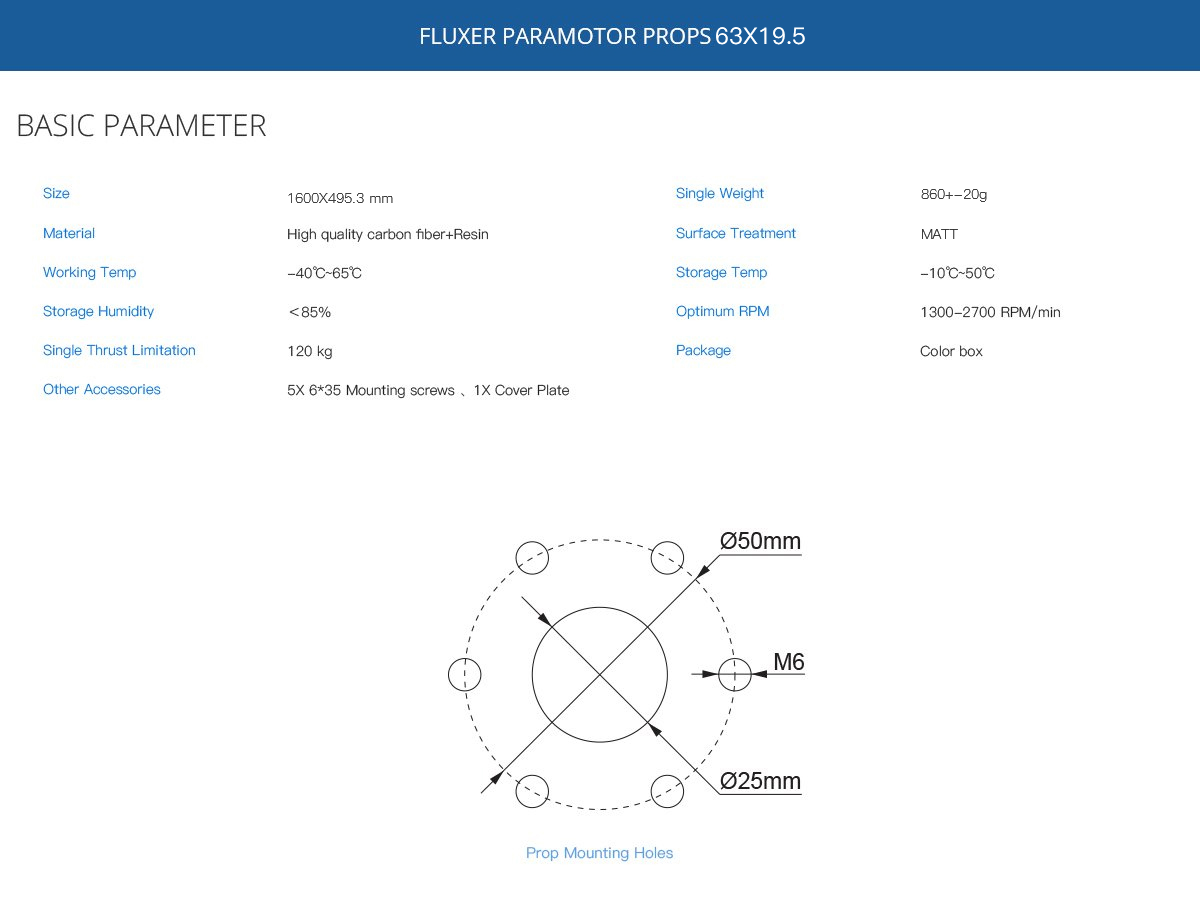 FLUXER PRO 63X19.5 (1600mm) carbon fiber propeller for PARAMOTOR E-PROPS 1 pair (CW+CCW) for 2 motor-2025