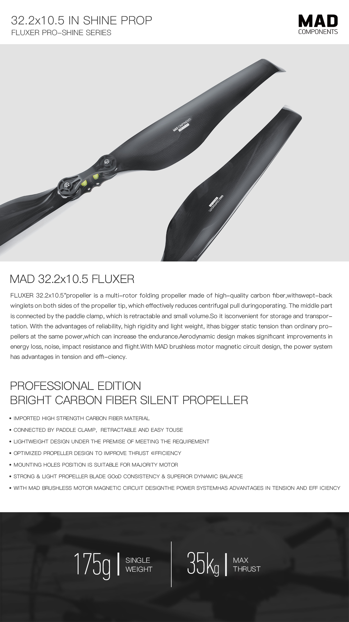 32.2X10.5in FLUXER Pro Glossy Carbon fiber folding propeller for the professional drone and multirotor 1pair(CW+CCW)