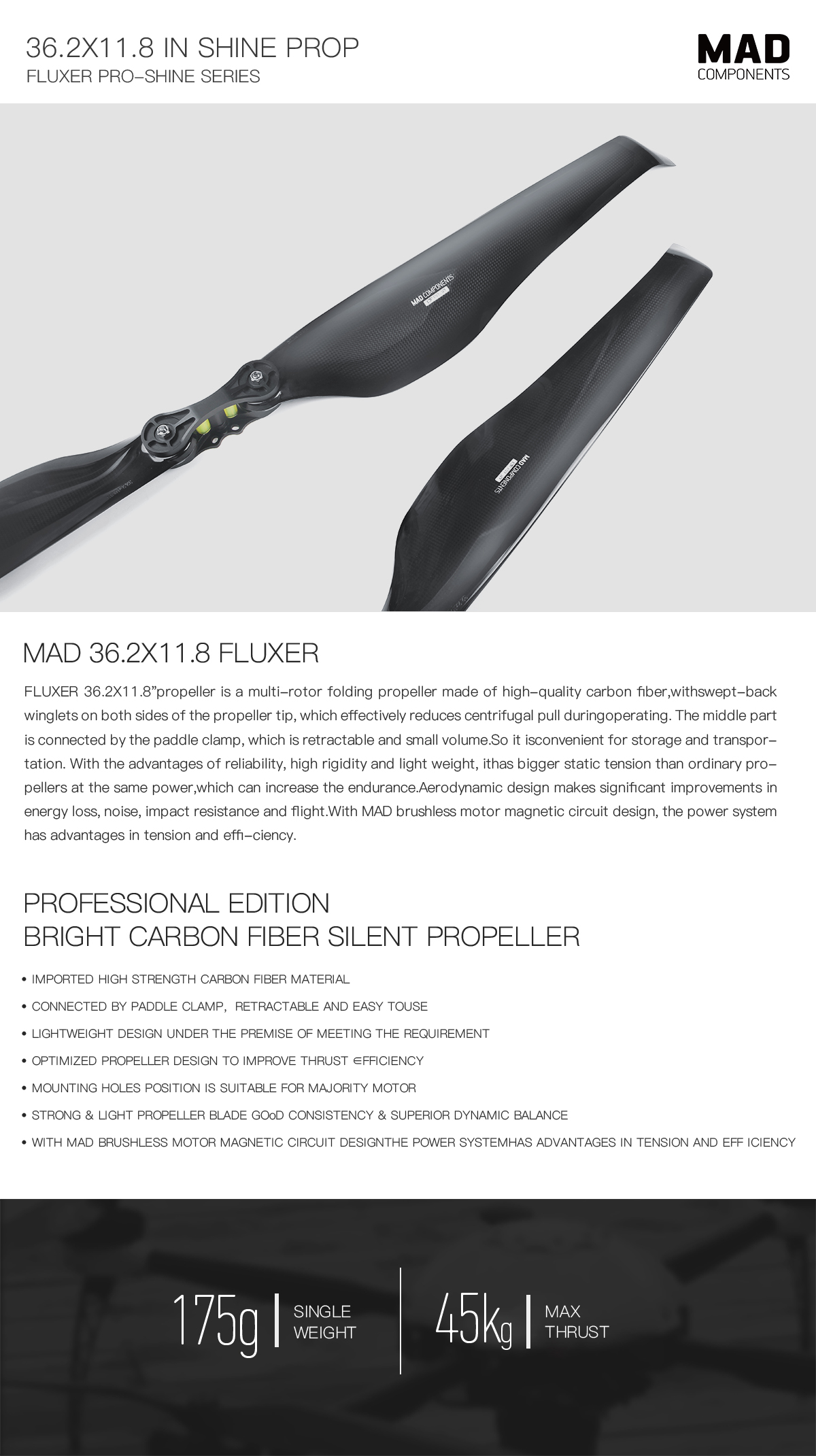 36.2X11.8in  FLUXER Pro Glossy Carbon fiber folding propeller for the professional drone and multirotor 1pair(CW+CCW)