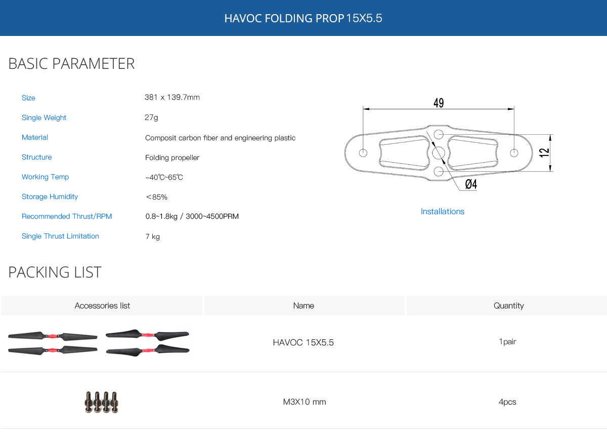 15×5.5inch HAVOC Polymer Folding Propeller 2 pair(CW+CCW) 1pair
