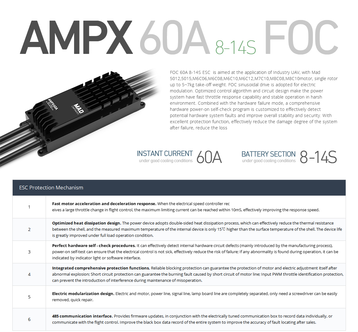 60A 8-14S FOC ESC for the professional drone, multirotor turned drone arm set Powertrain