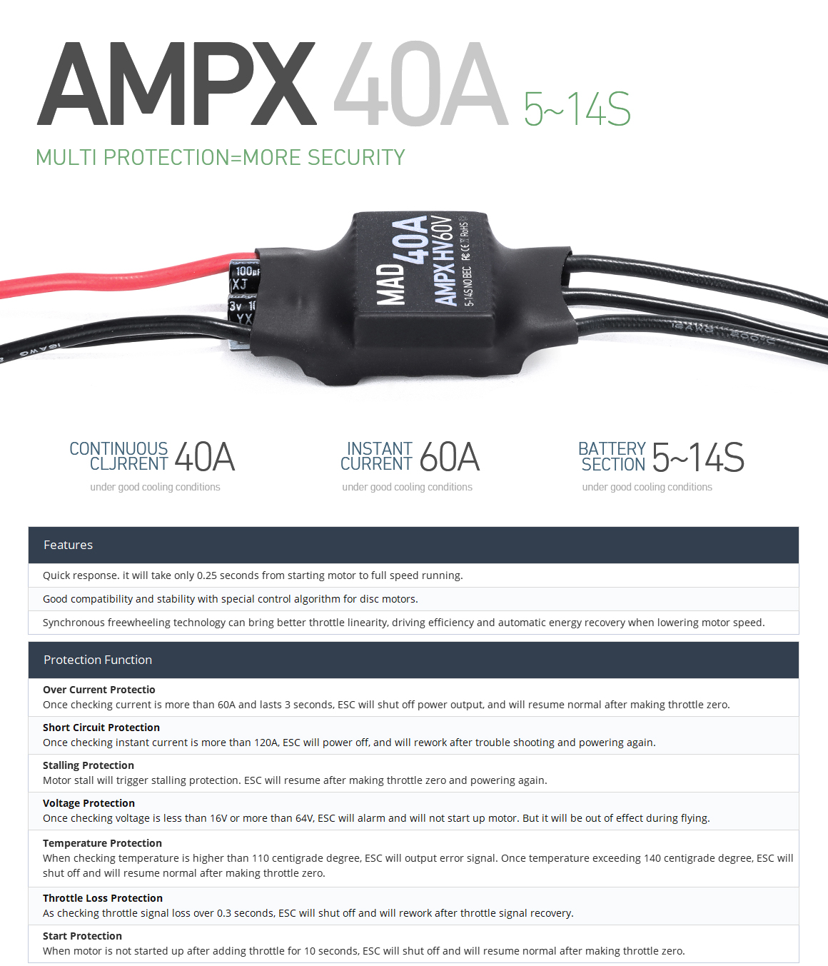 AMPX  40A (5-14S) ESC Regulator High Voltage Drone Motor Controller  for long-range mapping drone quadcopter, heaxcopter octocopter
