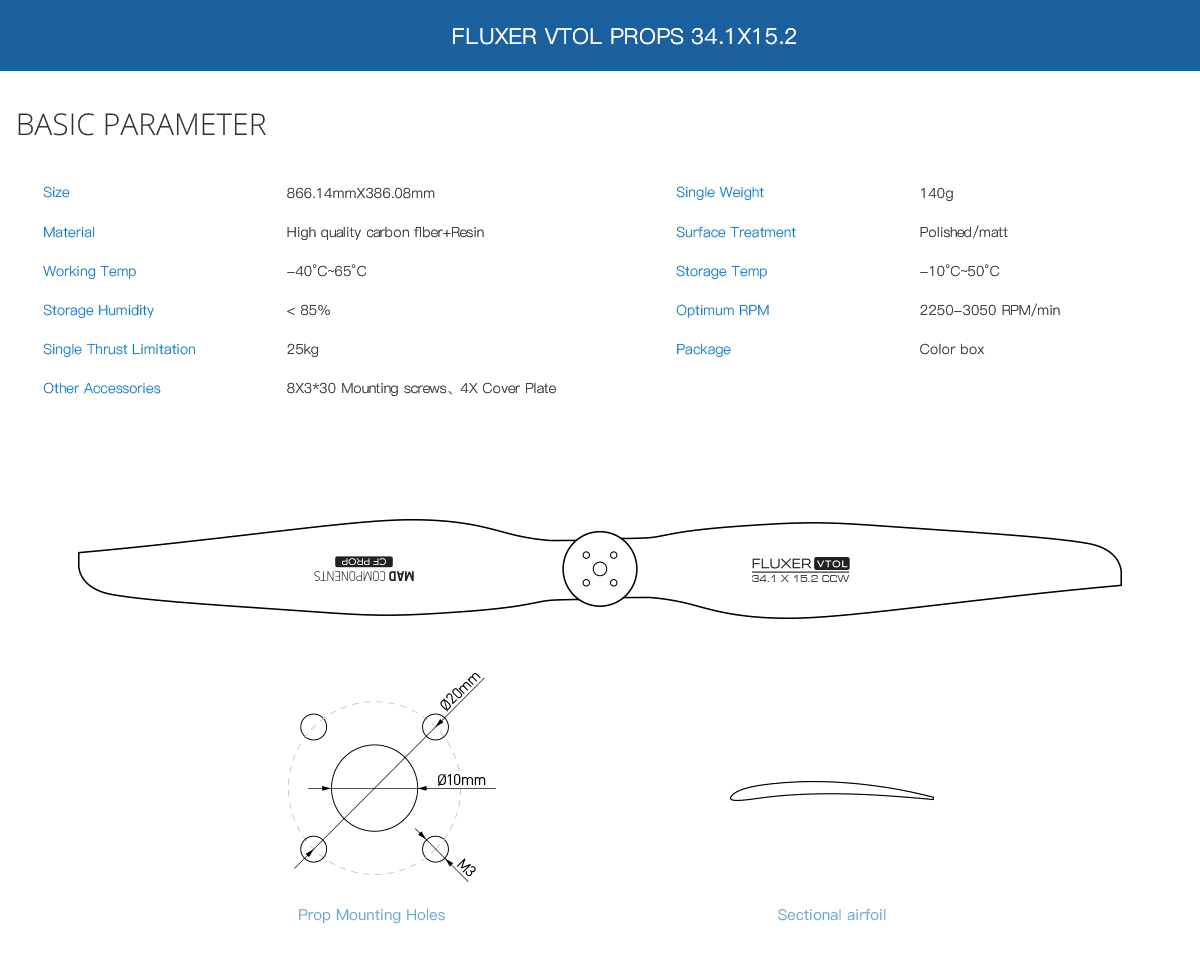 FLUXER 34.1x15.2 inch VTOL carbon fiber Propeller for the UAV