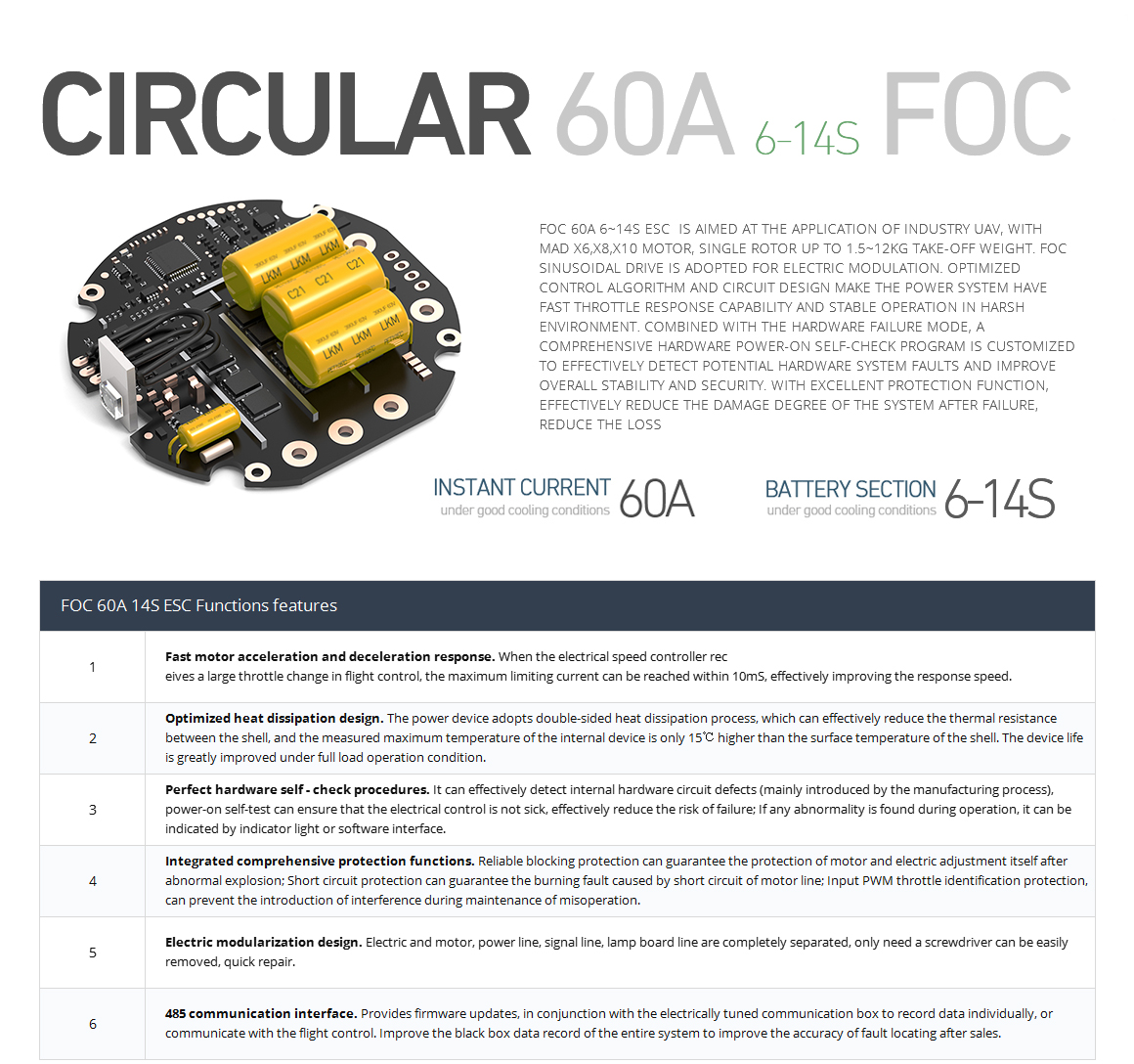 Circular 60A 14S FOC ESC Regulator for the professional drone, multirotor turned drone arm set Powertrain