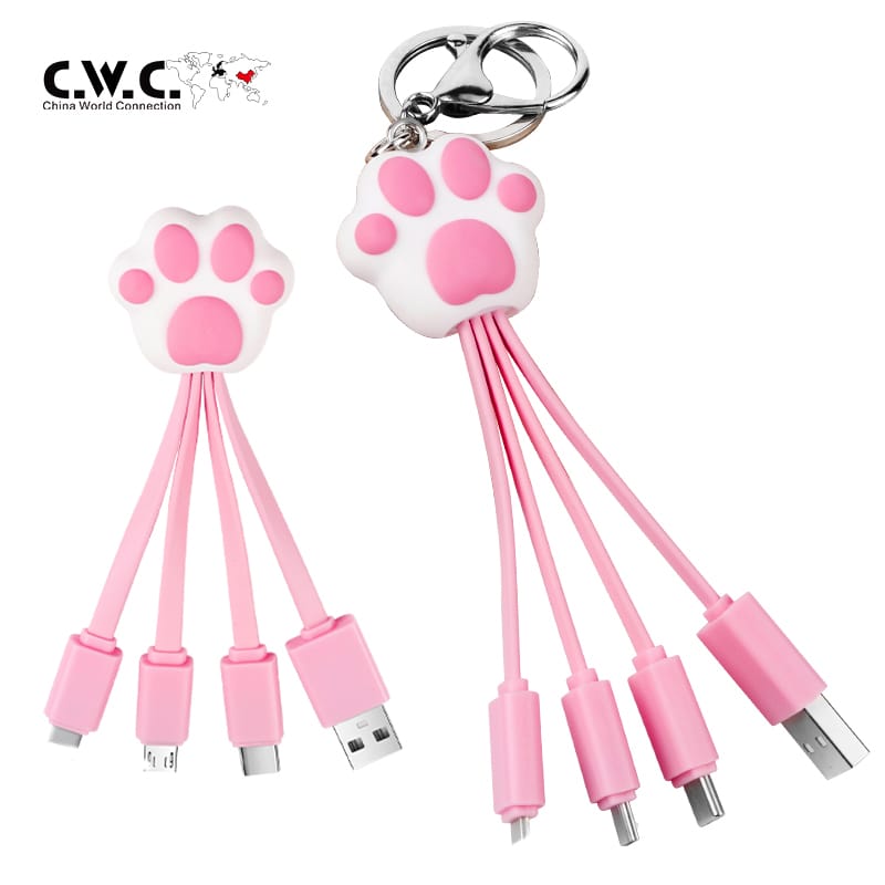 CWC Funny Cute Pink Cat Claw 3in1 Charging Cable Cartoon Multiple Keychain Mobile Phone 3 in 1 USB Charging Cable