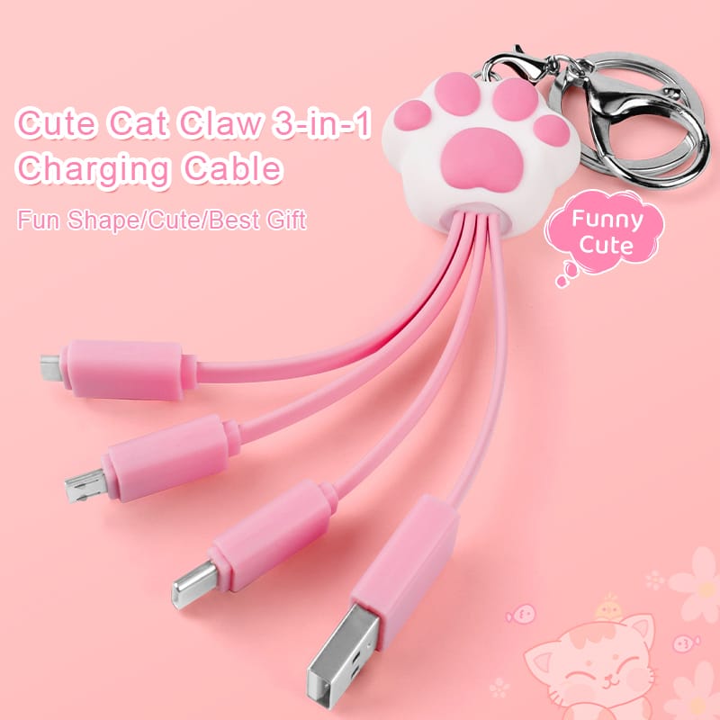 CWC Funny Cute Pink Cat Claw 3in1 Charging Cable Cartoon Multiple Keychain Mobile Phone 3 in 1 USB Charging Cable