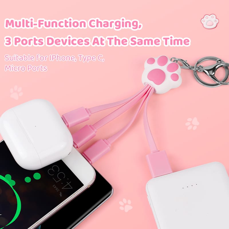 CWC Funny Cute Pink Cat Claw 3in1 Charging Cable Cartoon Multiple Keychain Mobile Phone 3 in 1 USB Charging Cable