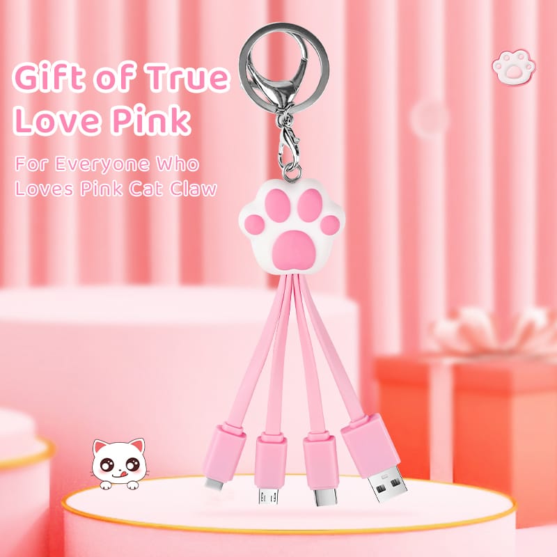 CWC Funny Cute Pink Cat Claw 3in1 Charging Cable Cartoon Multiple Keychain Mobile Phone 3 in 1 USB Charging Cable