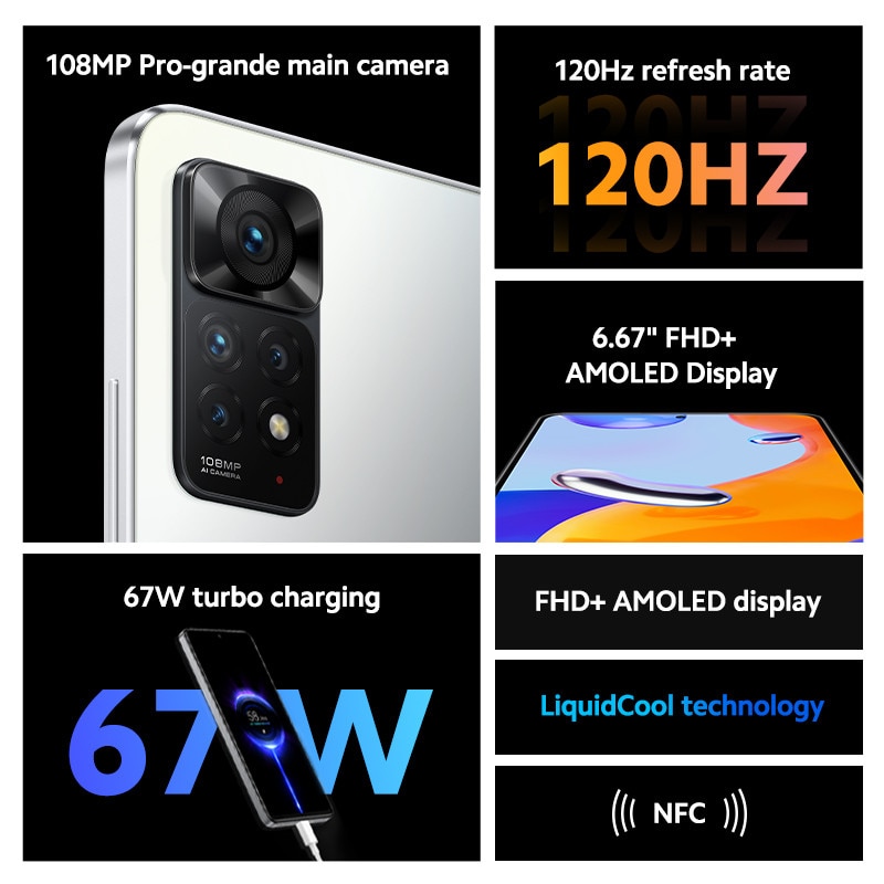 Global Version Xiaomi Redmi Note 11 Pro Smartphone 64/128GB MTK Helio G96 Octa Core 108MP Camera 67W Charging 120Hz Display NFC