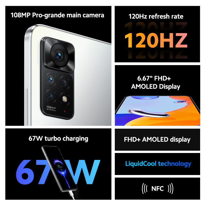 Version globale Redmi Note 11 Pro Téléphone Portable 64GB/128 GO MTK Helio G96 108MP Quad Caméra 120Hz 67W Turbo Charge NFC