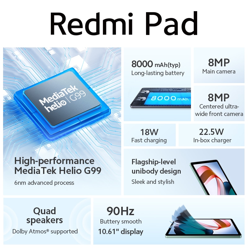 World Premiere Global Version Xiaomi Redmi Pad Mi Tablet 64GB/128GB MediaTek Helio G99 10.61&quot; 90Hz 2K Display 8000mAh Battery
