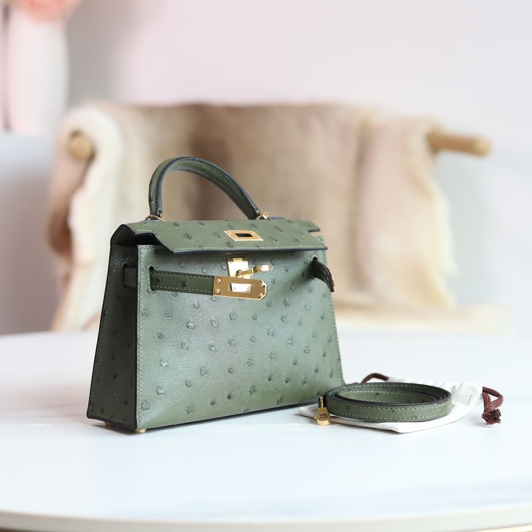 MINI KELLY 20 6H OLIVE GREEN OSTRICH GHW