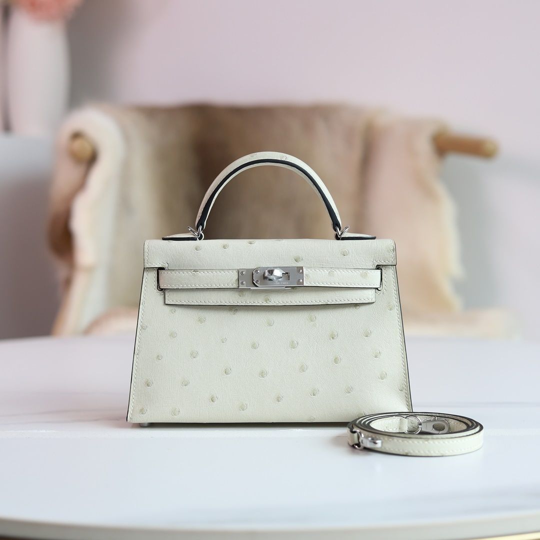 MINI KELLY 20 3C PARCHEMIN OSTRICH PHW