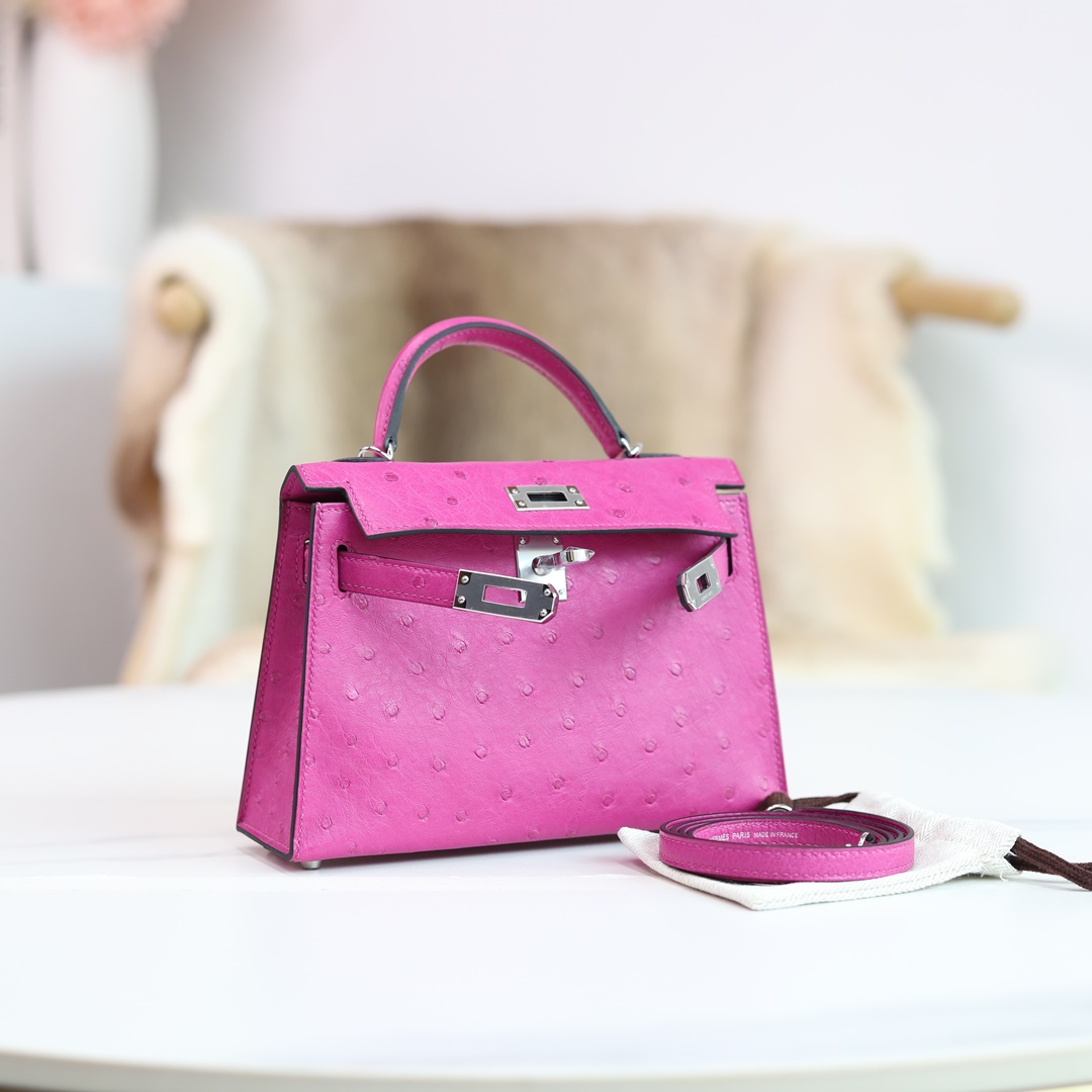 MINI KELLY 20 L3 ROSE POUPRE OSTRICH PHW