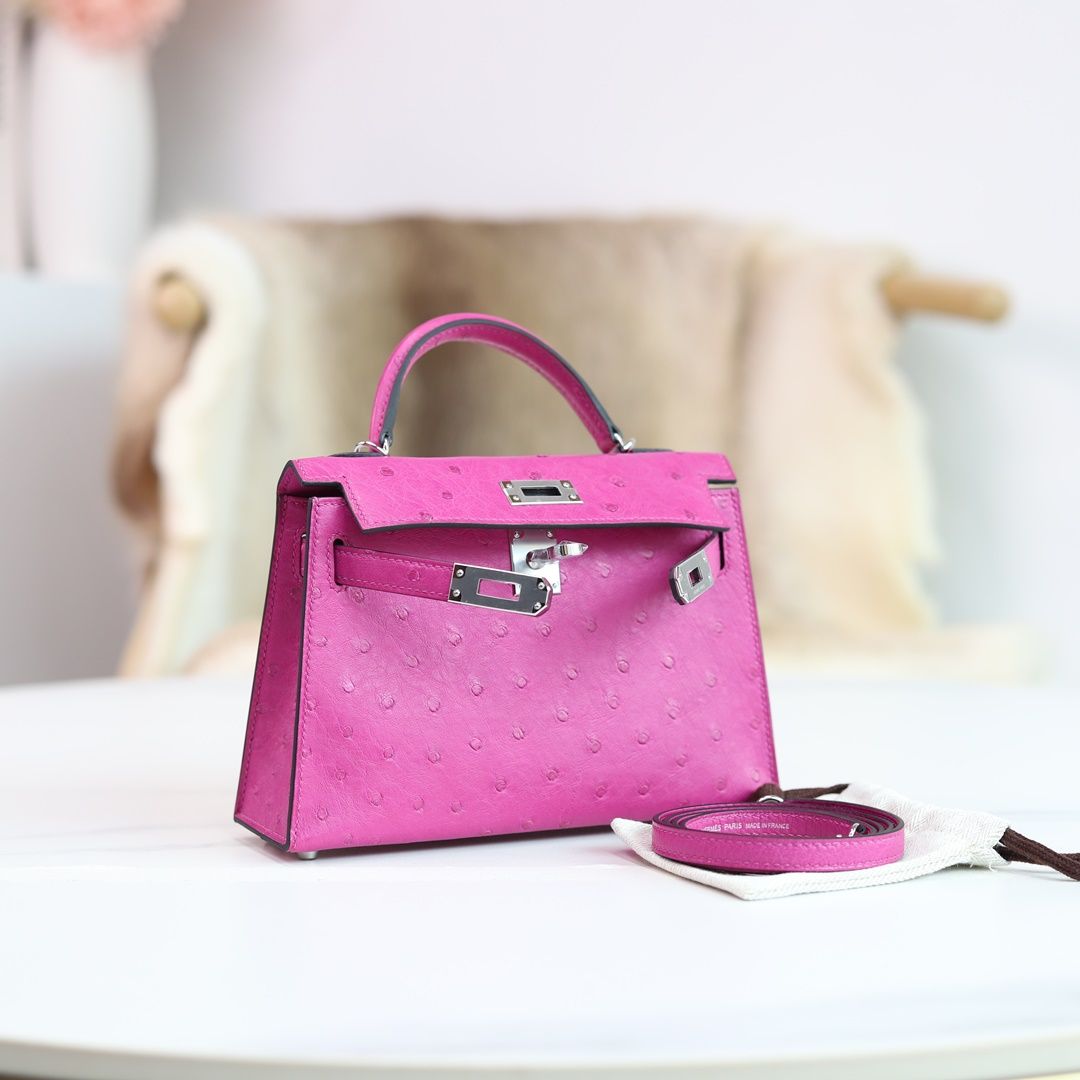 MINI KELLY 20 L3 ROSE POUPRE OSTRICH PHW