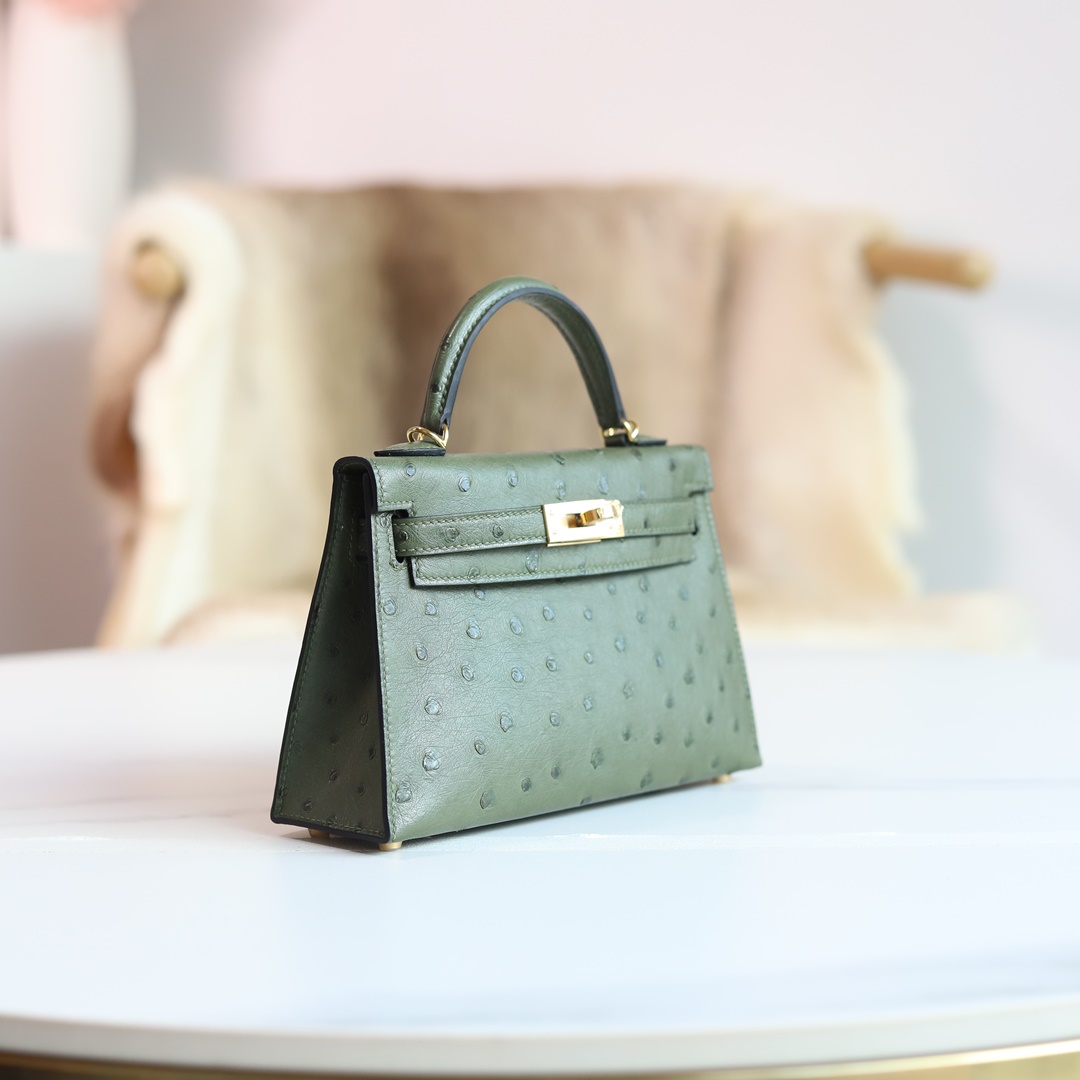 MINI KELLY 20 6H OLIVE GREEN OSTRICH GHW
